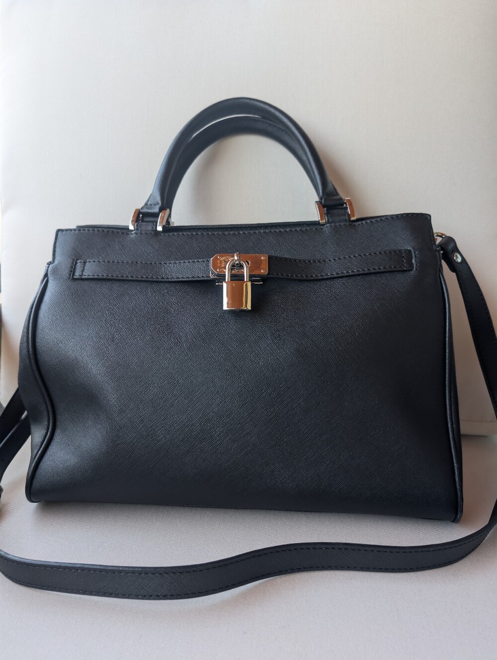 Danier Black Leather Satchel Bag with Padlock Accent